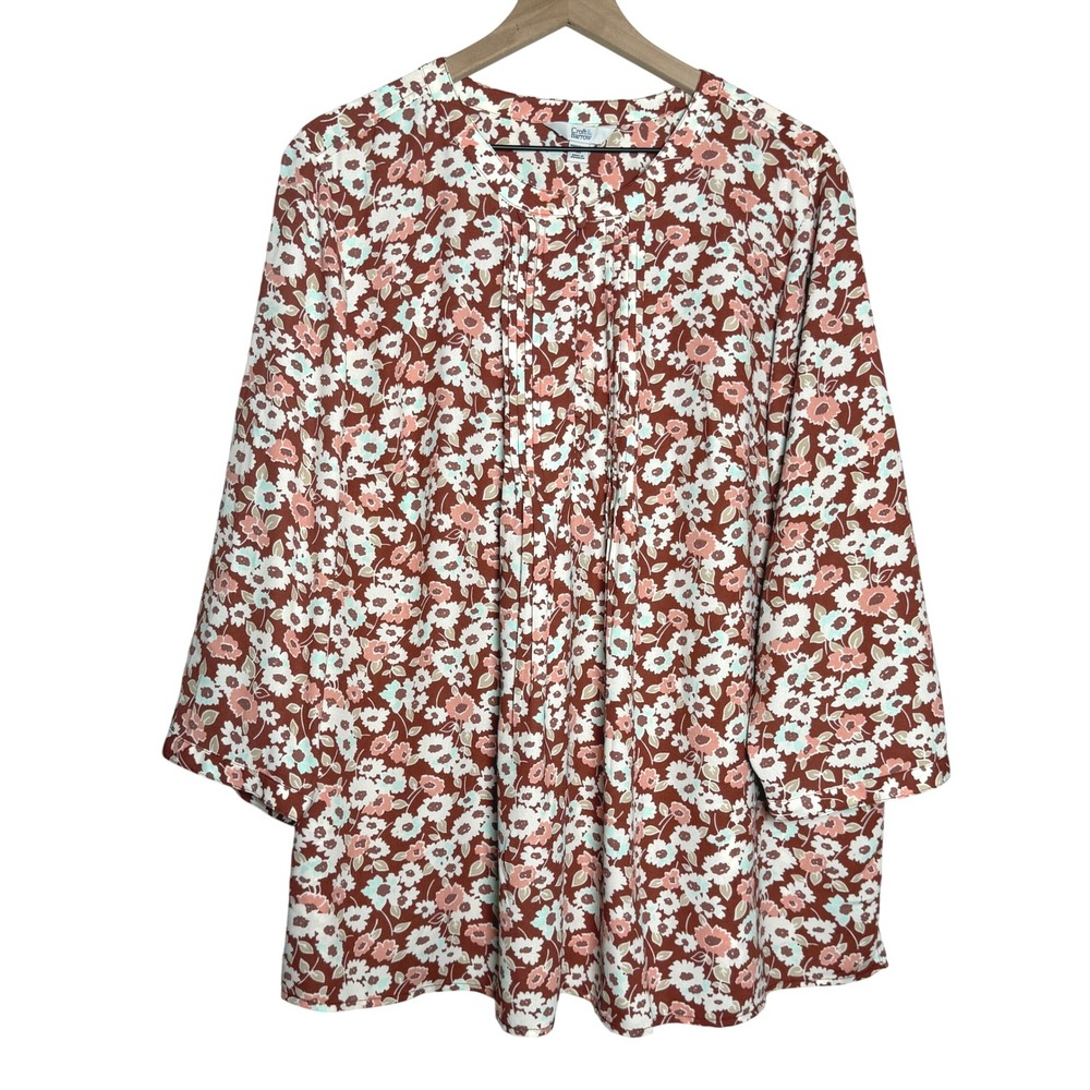 Croft & Barrow Womens Blouse 3X Brown Pink Floral Basics Office Career